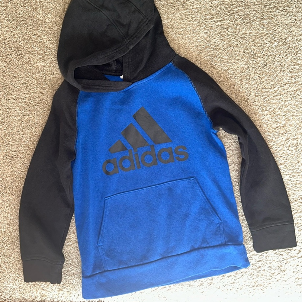 Boys Black and Blue Adidas Hooded Sweatshirt Size 7